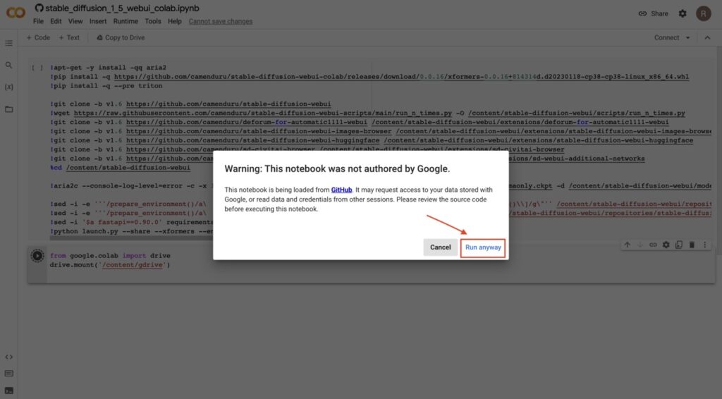 Google colab warning when executing code