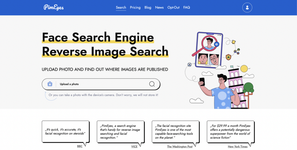 Pimeyes.com Landing & Search Page as of March 2023